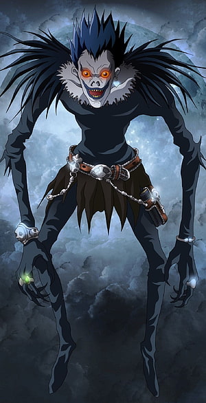 Ryuk Shinigami from Death Note with glowing orange eyes and skeletal grin in dark anime illustration HD phone wallpaper