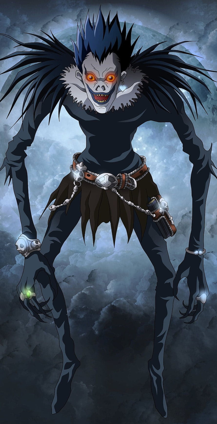 Ryuk Shinigami from Death Note with glowing orange eyes and skeletal grin in dark anime illustration HD phone wallpaper