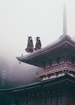 Ranma 1/2 Obanubilant Anime Artwork Featuring Characters on a Traditional Japanese Temple Roof in Fog HD phone wallpaper