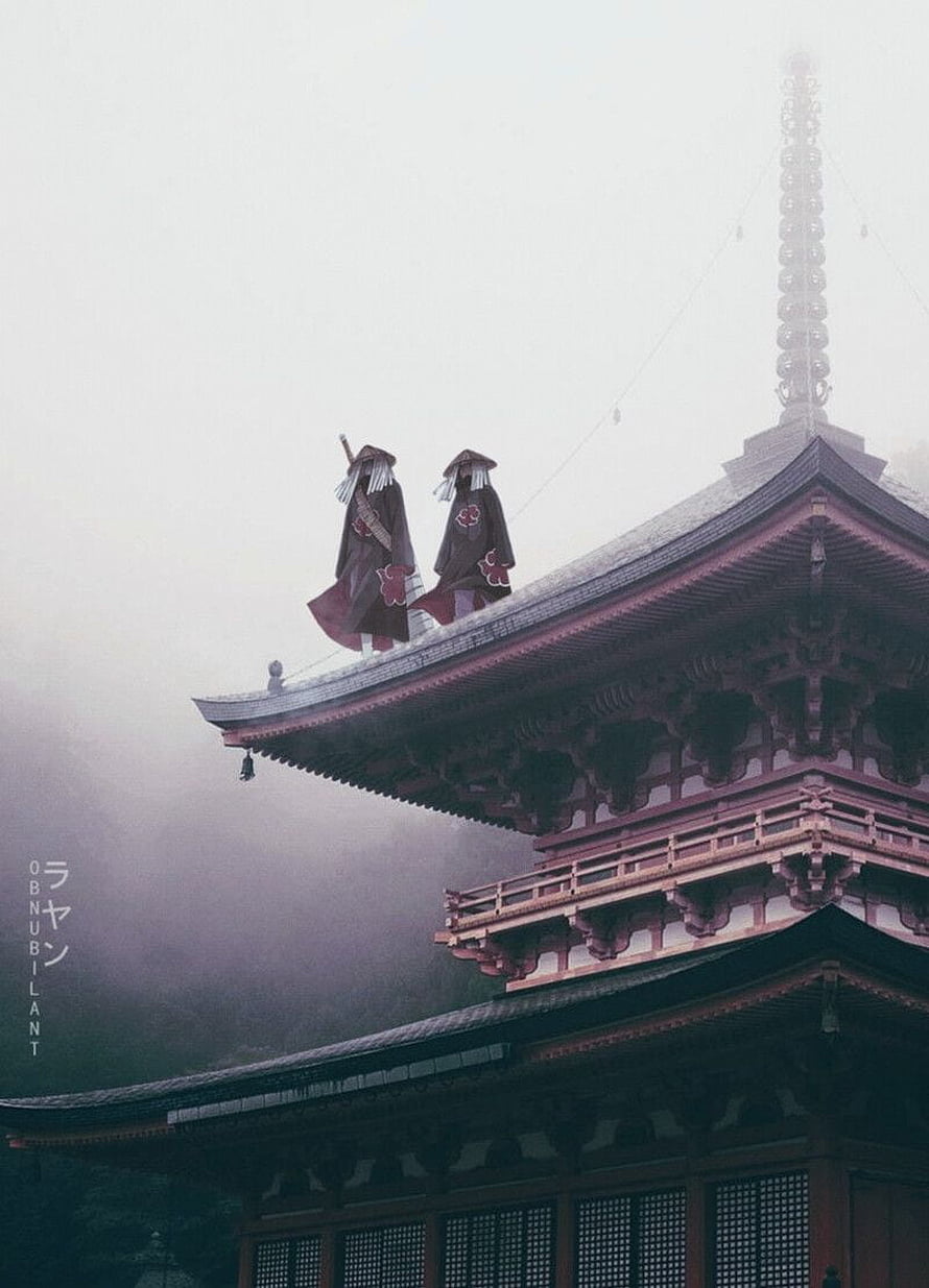 Ranma 1/2 Obanubilant Anime Artwork Featuring Characters on a Traditional Japanese Temple Roof in Fog HD phone wallpaper