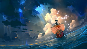 Thousand Sunny Ship Sailing Through Dramatic Stormy Seas in One Piece HD wallpaper
