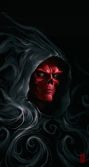 Red Skull Villain in Dark Hooded Cloak with Swirling Smoke HD phone wallpaper