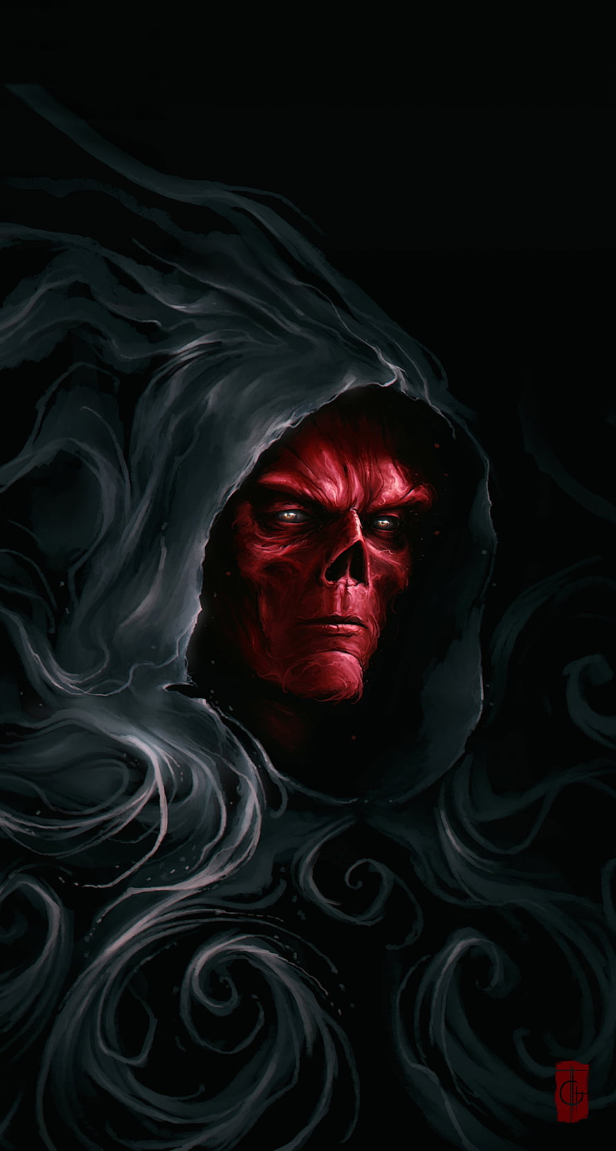 Red Skull Villain in Dark Hooded Cloak with Swirling Smoke HD phone wallpaper