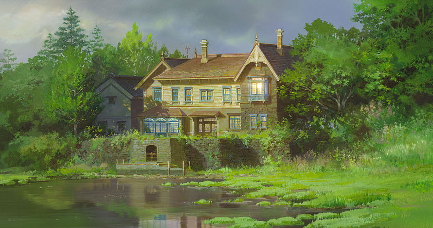 Studio Ghibli Style Countryside House Beside a Calm Pond with Lush Greenery HD wallpaper