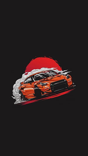 Orange Nissan GT-R Drifting with Smoke and Red Sun Background HD phone wallpaper