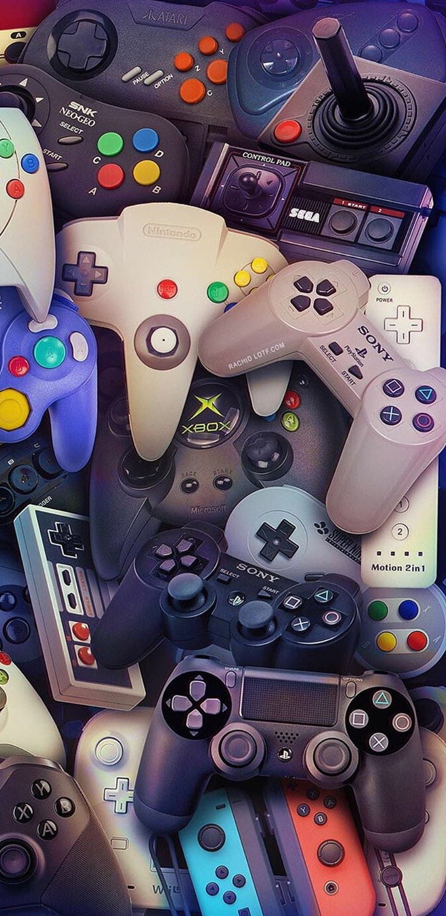 Retro Gaming Controller Collection Featuring Nintendo, Sony, Sega, Xbox, and Atari Gamepads HD phone wallpaper