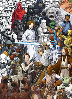 Star Wars Character Lineup Illustration Featuring Darth Vader, Luke Skywalker, and the Original Trilogy Cast HD phone wallpaper