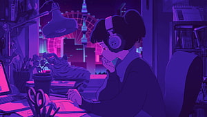 Lo-fi Anime Girl Studying at Night with Cat and City View HD wallpaper