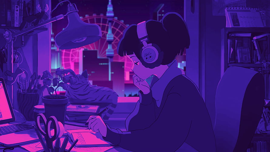 Lo-fi Anime Girl Studying at Night with Cat and City View HD wallpaper