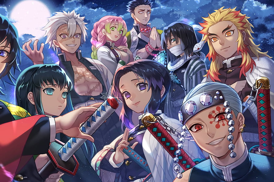 Demon Slayer Demon Corps Group Portrait Under Moonlit Sky HD wallpaper