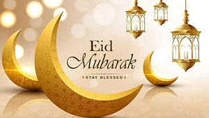 Eid Mubarak Greeting Card With Golden Crescent Moons And Ornate Lanterns HD wallpaper