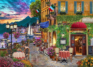 Romantic Italian Lakeside Cafe at Sunset with Cobblestone Street and Mountains, Via Della Lungaretta, sail boat, restaurant, bicycle, street, bay, italy, flowers HD wallpaper