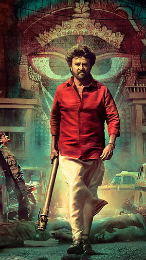 Rajinikanth in Annathe Movie Poster with Red Shirt and Pipe Weapon HD phone wallpaper