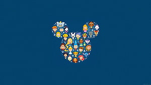 Disney Tsum Tsum Characters Arranged in Mickey Mouse Head Silhouette on Blue Background HD wallpaper