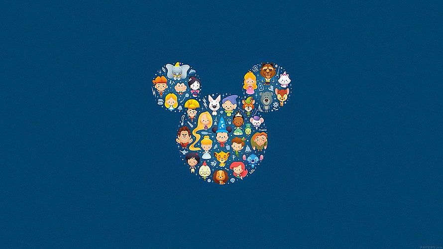 Disney Tsum Tsum Characters Arranged in Mickey Mouse Head Silhouette on Blue Background HD wallpaper