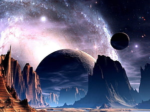 Alien Planet Landscape with Giant Moons and Nebula Sky HD wallpaper