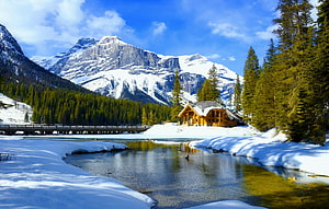 Emerald Lake Winter Landscape with Snowy Cabin and Mountain Reflections in Canada HD wallpaper