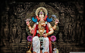 Lord Ganesha Sitting On Ornate Throne With Intricate Carvings And Divine Aura HD wallpaper