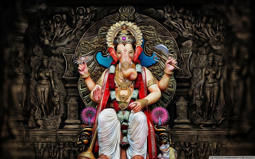 Lord Ganesha Sitting On Ornate Throne With Intricate Carvings And Divine Aura HD wallpaper
