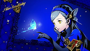 Lavenza from Persona 5 Royal Reaching for a Glowing Blue Butterfly in a Dark Blue Setting HD wallpaper