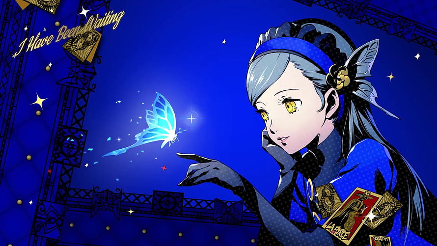 Lavenza from Persona 5 Royal Reaching for a Glowing Blue Butterfly in a Dark Blue Setting HD wallpaper