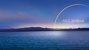 ASUS ZenBook promotional wallpaper featuring a serene twilight lake and mountain horizon HD wallpaper