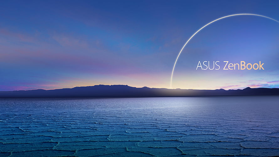 ASUS ZenBook promotional wallpaper featuring a serene twilight lake and mountain horizon HD wallpaper