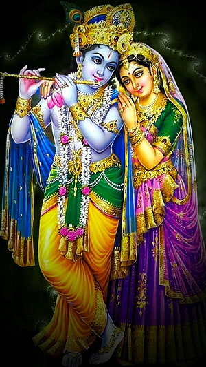 Radha Krishna Divine Love Illustration with Flute and Ornate Jewelry HD phone wallpaper
