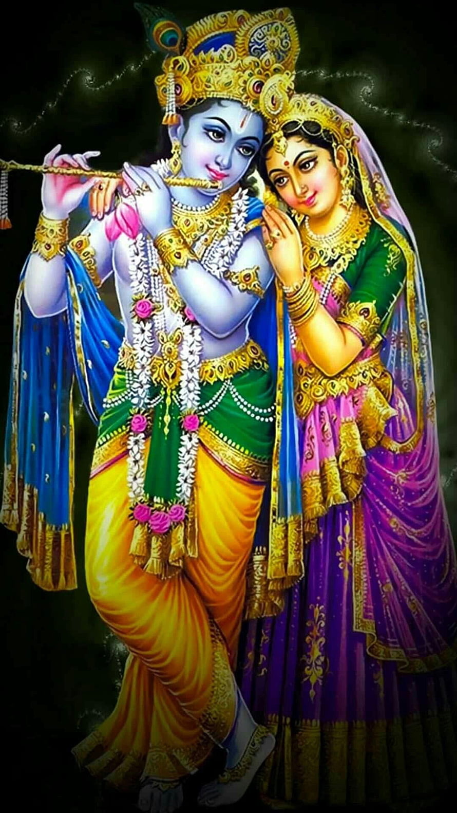 Radha Krishna Divine Love Illustration with Flute and Ornate Jewelry HD phone wallpaper