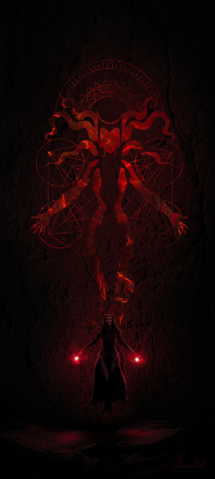 Dark Fantasy Witch Channeling Red Energy With Glowing Geometric Sigils HD phone wallpaper