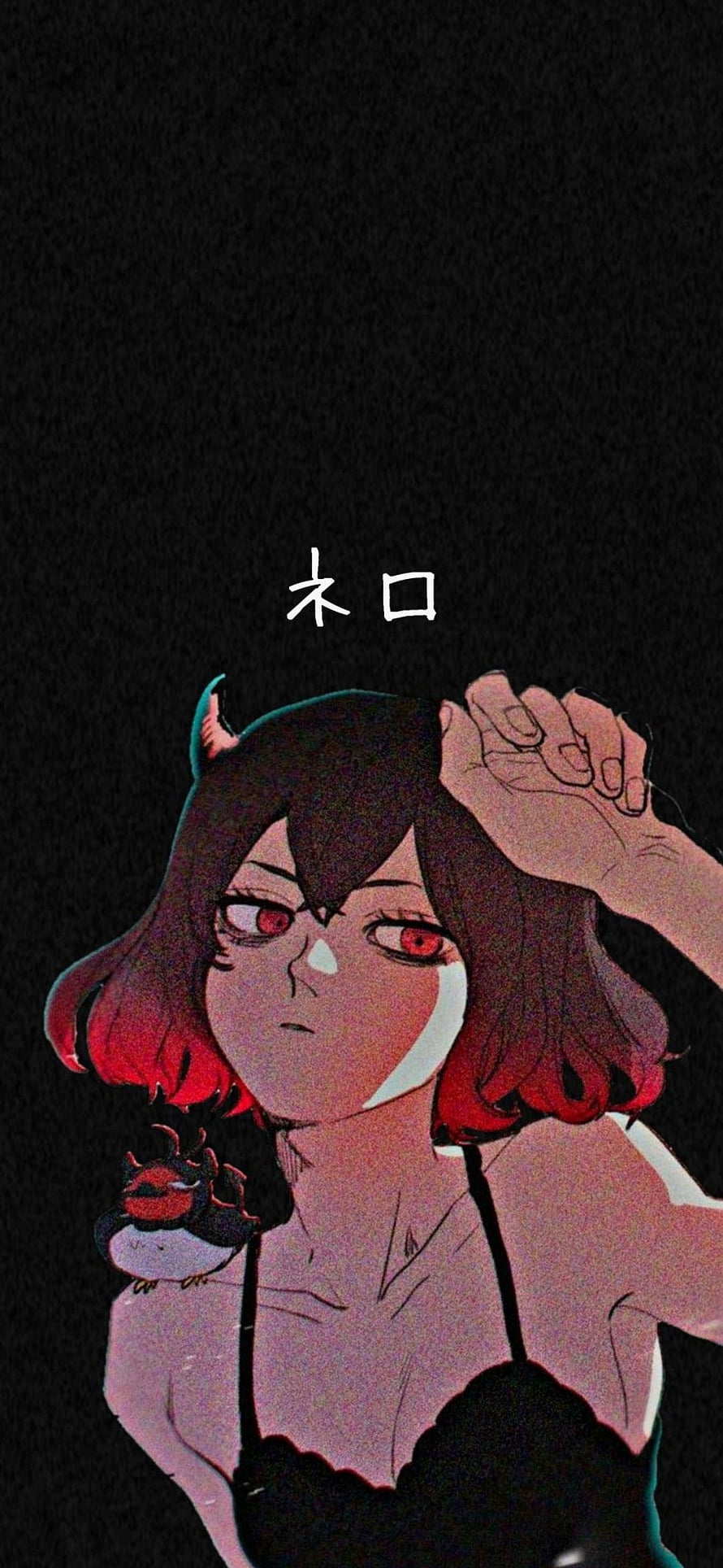 Nezu anime girl with red eyes and horns holding a small creature on black background HD phone wallpaper