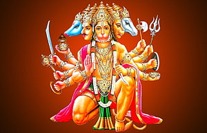 Five-Headed Hanuman Deity Illustration with Weapons and Divine Regalia, Hanumanji , Hanuman PC HD wallpaper