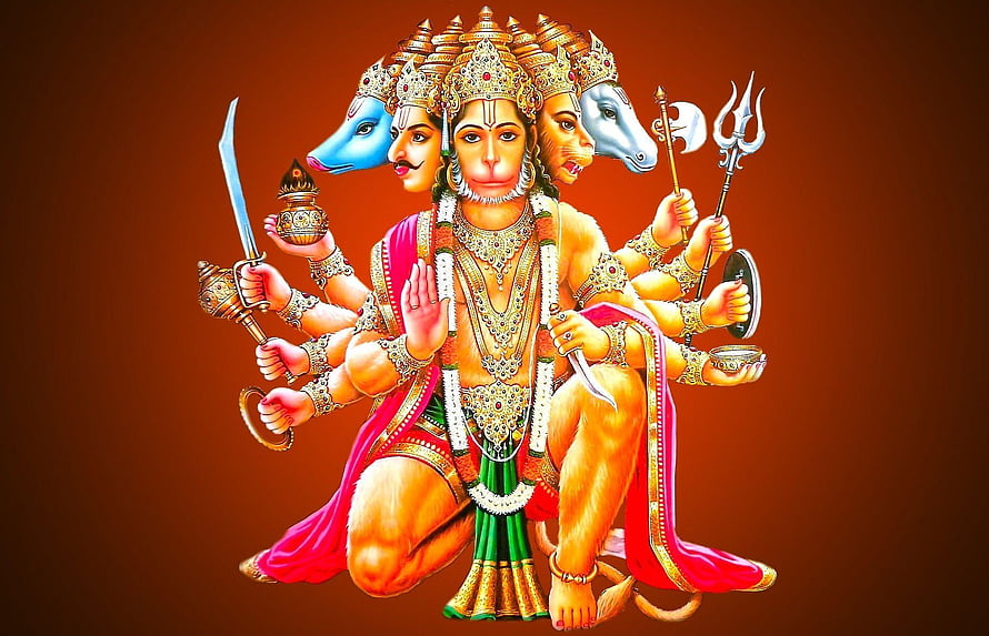 Five-Headed Hanuman Deity Illustration with Weapons and Divine Regalia, Hanumanji , Hanuman PC HD wallpaper