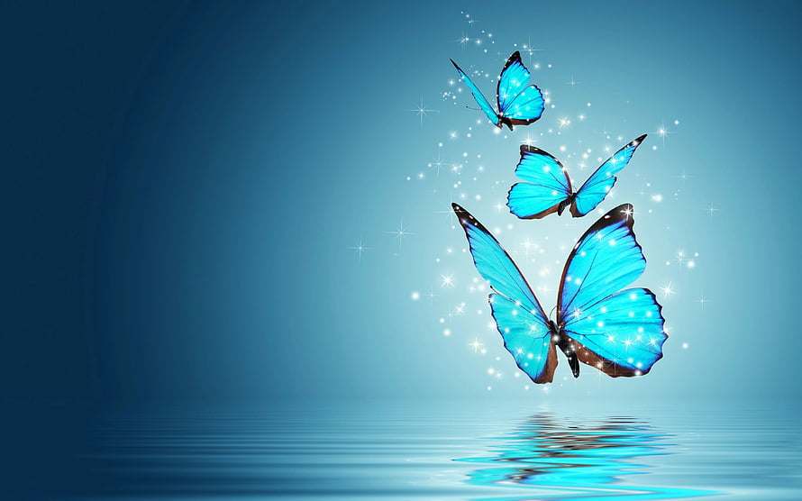 Three Glowing Blue Morpho Butterflies Dancing Above Calm Water Surface HD wallpaper