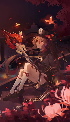 Hu Tao from Genshin Impact sitting with her ghostly butterfly staff amidst red spider lilies and glowing butterflies in a dark atmospheric scene HD phone wallpaper