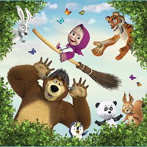 Masha and the Bear characters flying on a broomstick with tiger, panda, and rabbit in a magical forest scene HD phone wallpaper