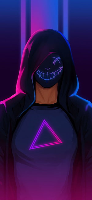 Anime Boy in Black Hoodie with Glowing Neon Triangle and Stitched Mask HD phone wallpaper