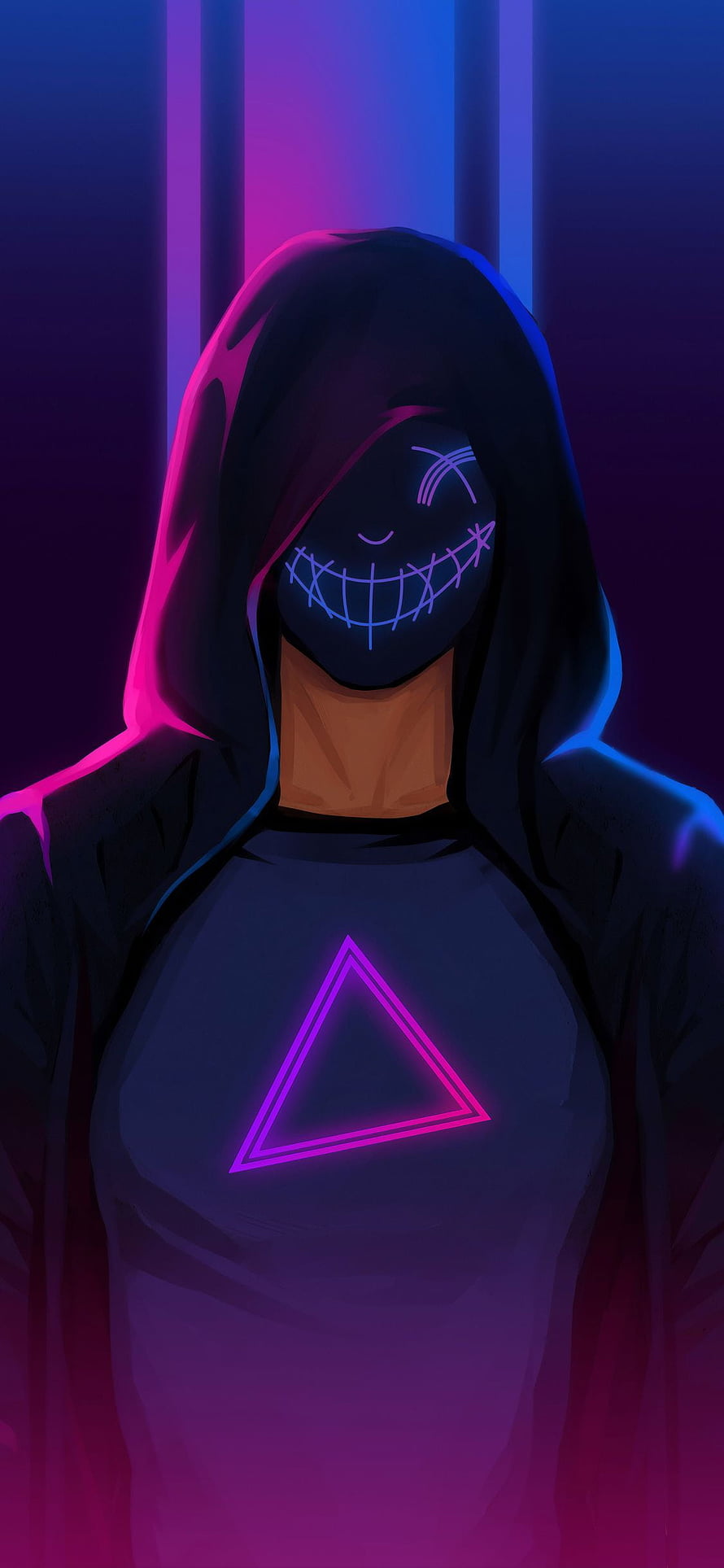 Anime Boy in Black Hoodie with Glowing Neon Triangle and Stitched Mask HD phone wallpaper
