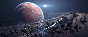 Imperial Star Destroyers navigating an asteroid field near a red planet HD wallpaper