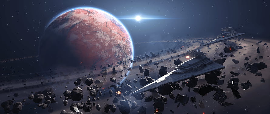 Imperial Star Destroyers navigating an asteroid field near a red planet HD wallpaper
