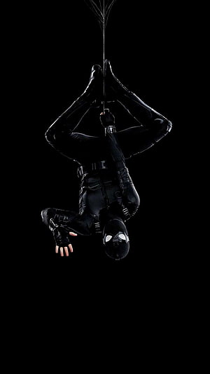 Spider-Man in Black Suit Hanging Upside Down Against Dark Background, Spiderman, superhero HD phone wallpaper