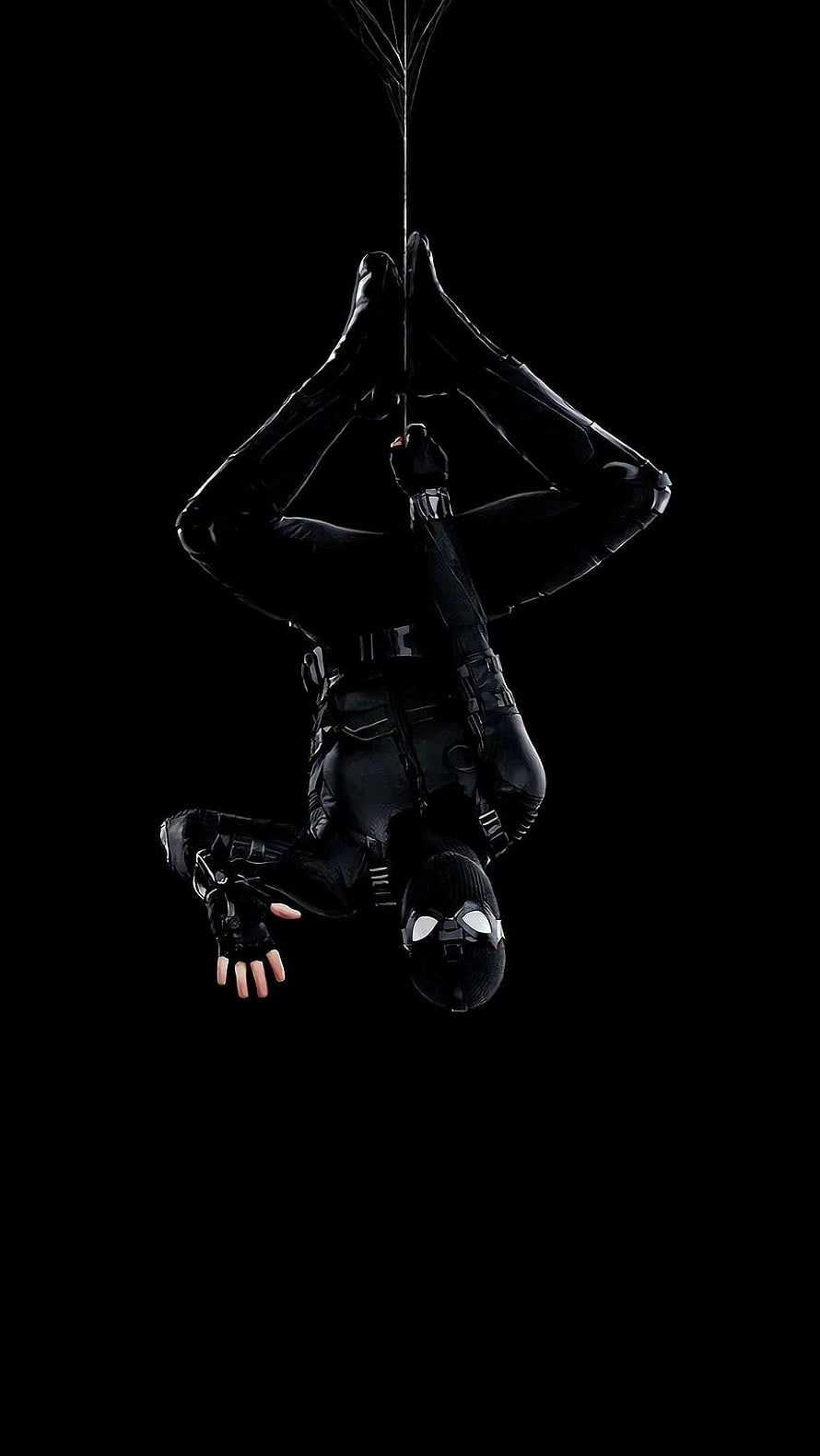 Spider-Man in Black Suit Hanging Upside Down Against Dark Background, Spiderman, superhero HD phone wallpaper