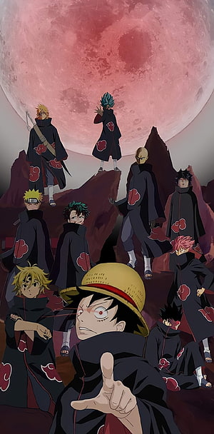 Anime characters wearing Akatsuki cloaks posing under a giant red moon HD phone wallpaper