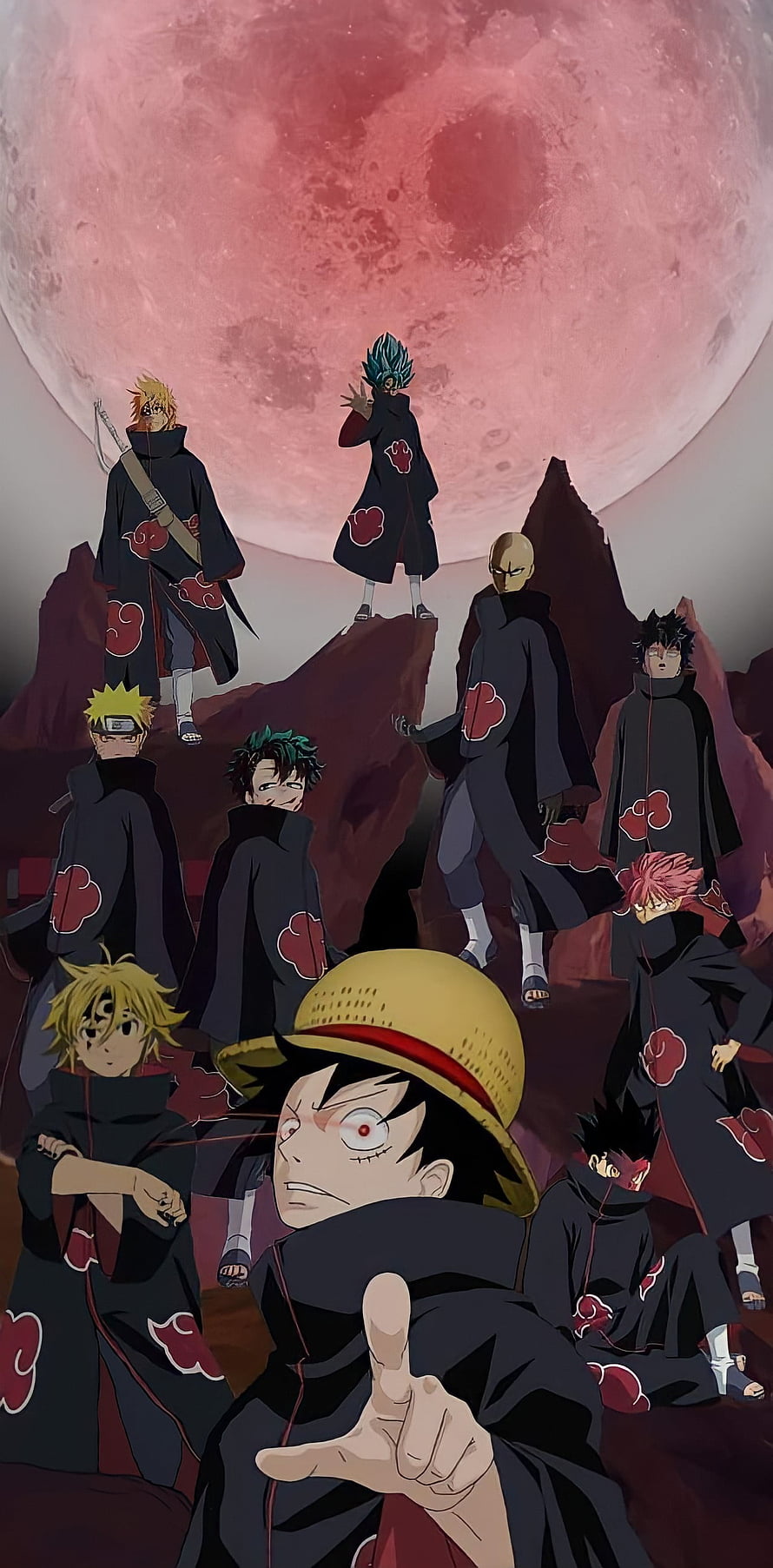 Anime characters wearing Akatsuki cloaks posing under a giant red moon HD phone wallpaper