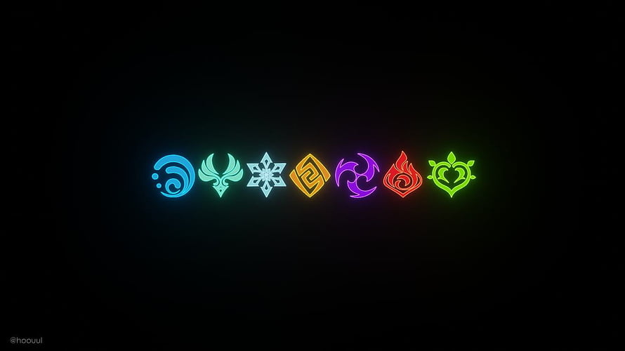 Genshin Impact Seven Element Symbols Glowing Neon Icons on Black Background HD wallpaper