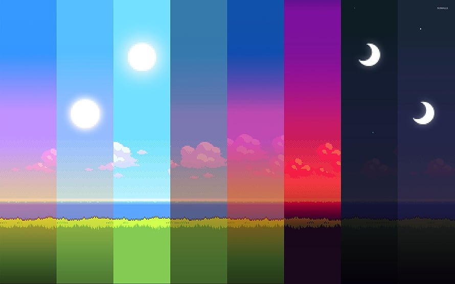 Pixel Art Day and Night Cycle Landscape with Sun and Moon Phases HD wallpaper