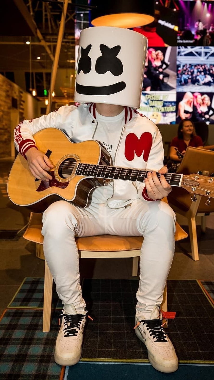 Marshmello Playing Acoustic Guitar in White Outfit HD phone wallpaper