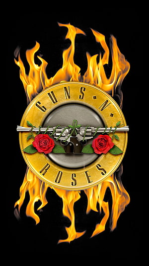 Guns N' Roses flaming logo with crossed revolvers and red roses on black background HD phone wallpaper