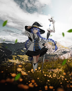 Roxy from Mushoku Tensei Standing in Alpine Meadow with Staff and Witch Hat HD phone wallpaper