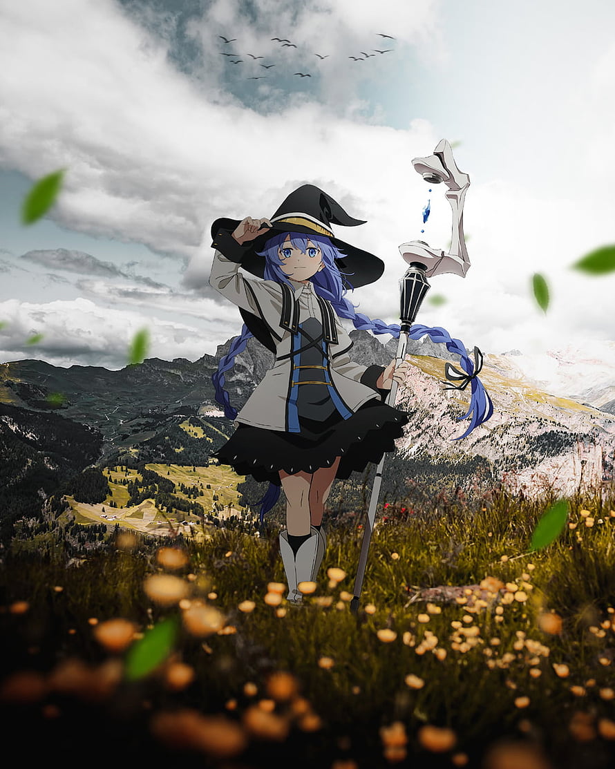 Roxy from Mushoku Tensei Standing in Alpine Meadow with Staff and Witch Hat HD phone wallpaper